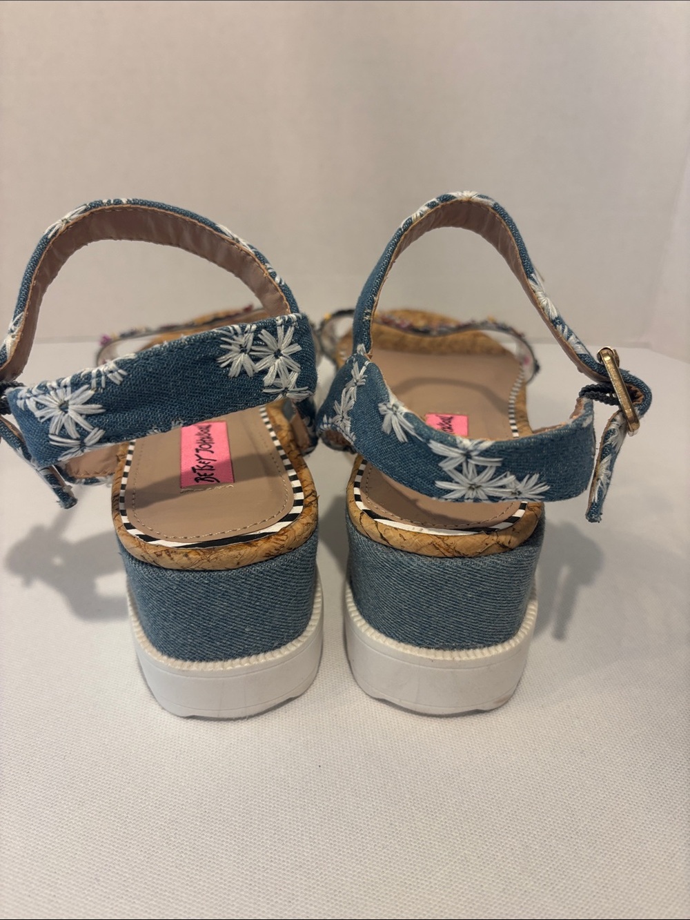 Betsey Johnson cork platform Denim Wedge Sandals with Floral Sequins straps. 9 - Picture 7 of 10